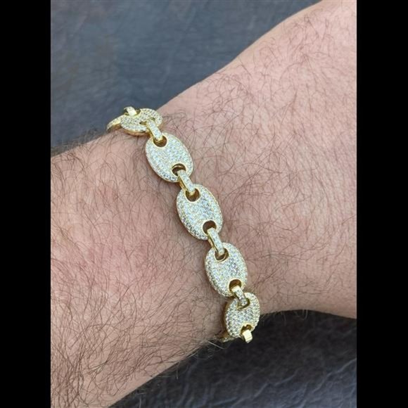 14k Gold Real 925 Sterling Silver Mens Iced Puffed Gucci Link Bracelet Diamond - Picture 4 of 9